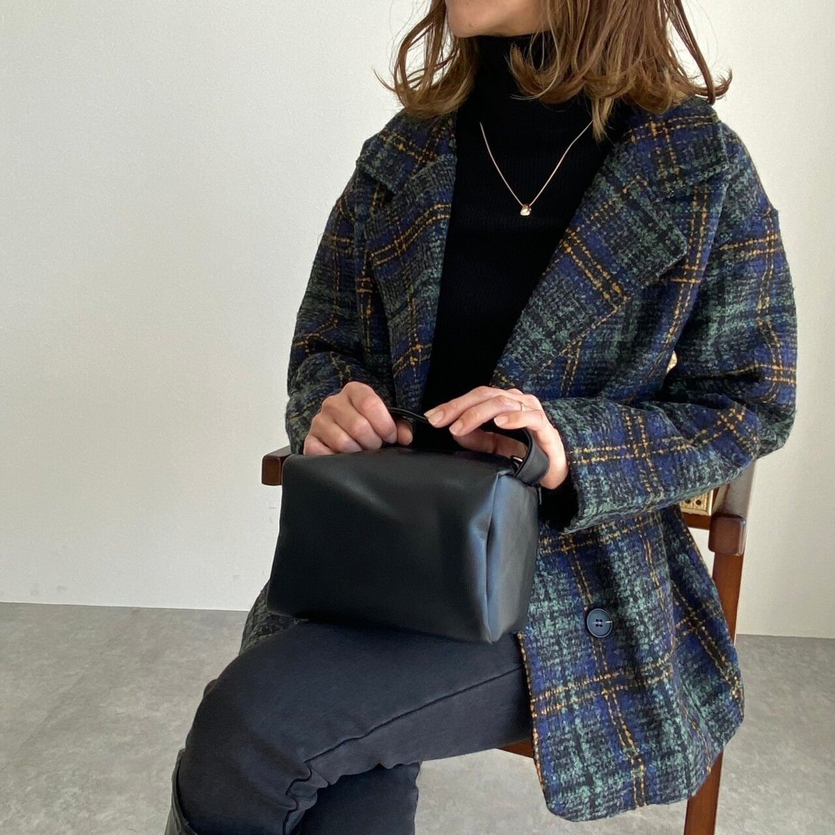 即納】【在庫一掃】tweed plaid middle coat /2color LA229 即納】【在庫一掃】tweed plaid middle coat /2color LA229