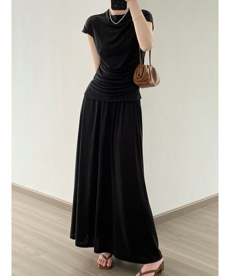 即納】【SALE】t-shirt & gathered skirt set up /2col