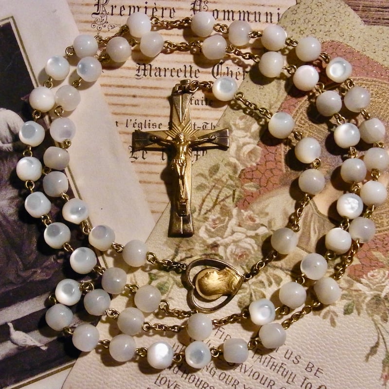 フランス アンティーク シェル ロザリオ 聖母マリア ハート メダイ