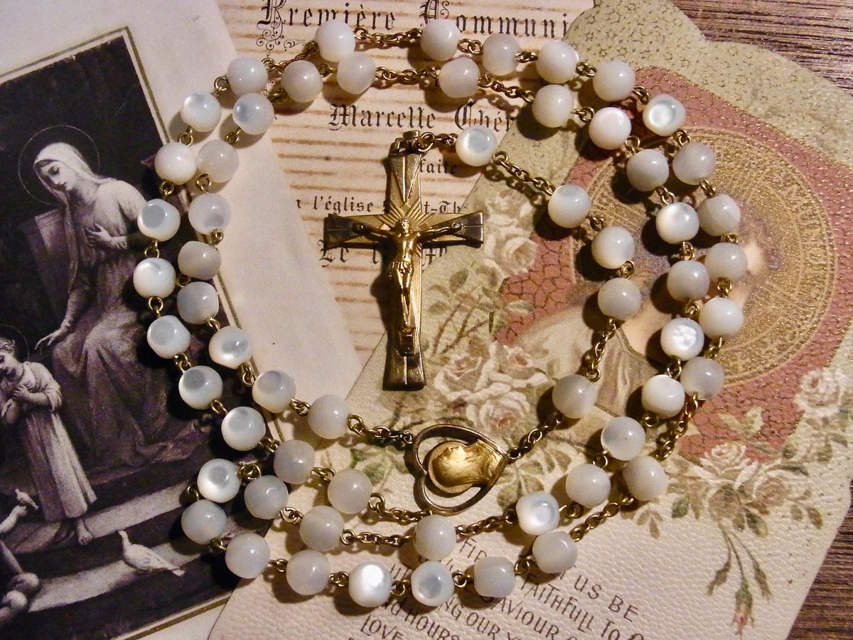 アンティーク ベルギーイタリア ブラウンマーブルガラス マリアとイエスのロザリオ フランス アンティーク シェル ロザリオ 聖母マリア ハート