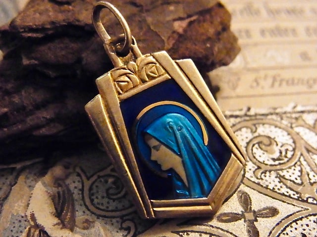 フランス ヴィンテージ エマイユ 聖母マリア 手描き メダイ 多彩色