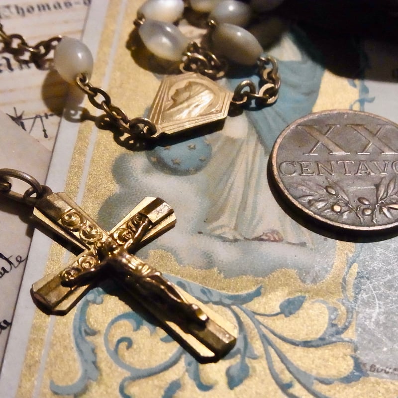 フランス アンティーク シェル ロザリオ 聖母マリア メダイ M.O.P. AP