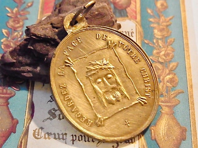 フランス アンティーク 七つの悲しみの聖母 メダイ 聖骸布 キリスト 顔