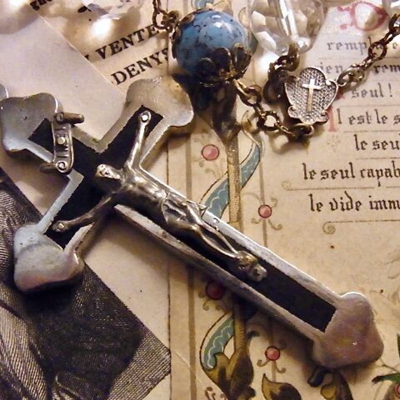 ハンガリー アンティーク クリア ガラス ビーズ ロザリオ 七つの悲しみ