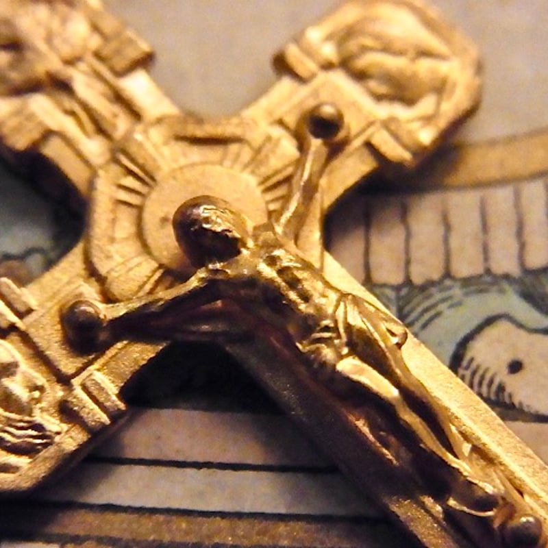 フランス アンティーク 茶 ガラス ロザリオ 聖母マリア メダイ 真鍮