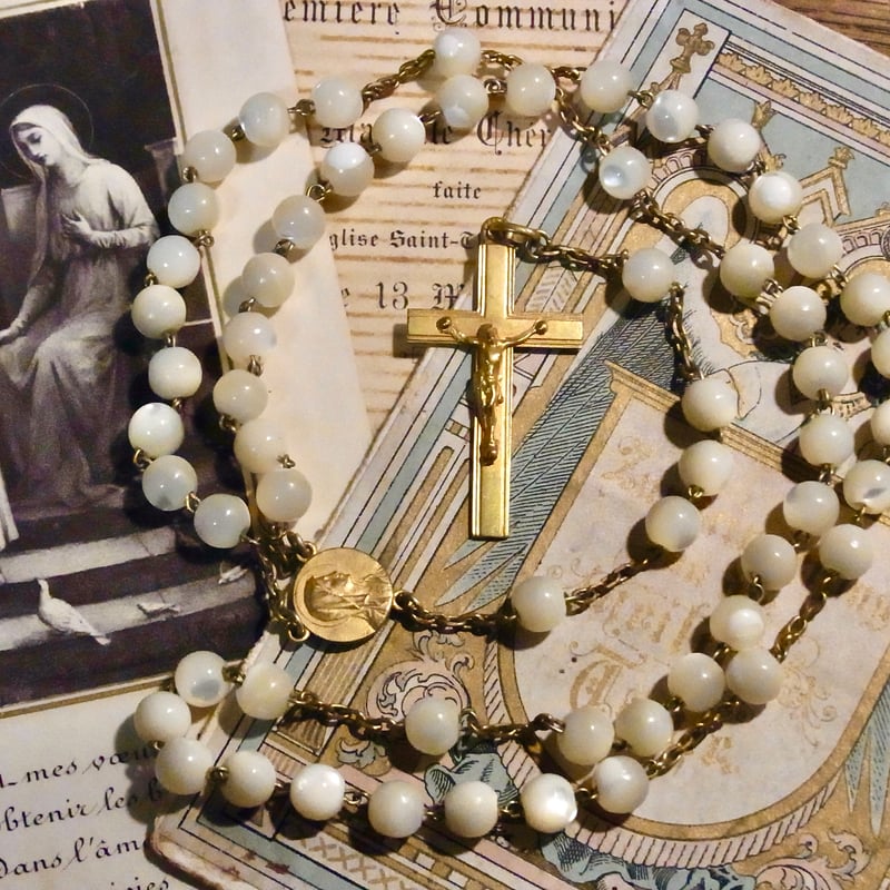 フランス アンティーク シェル ロザリオ 聖母マリア メダイ M.O.P.