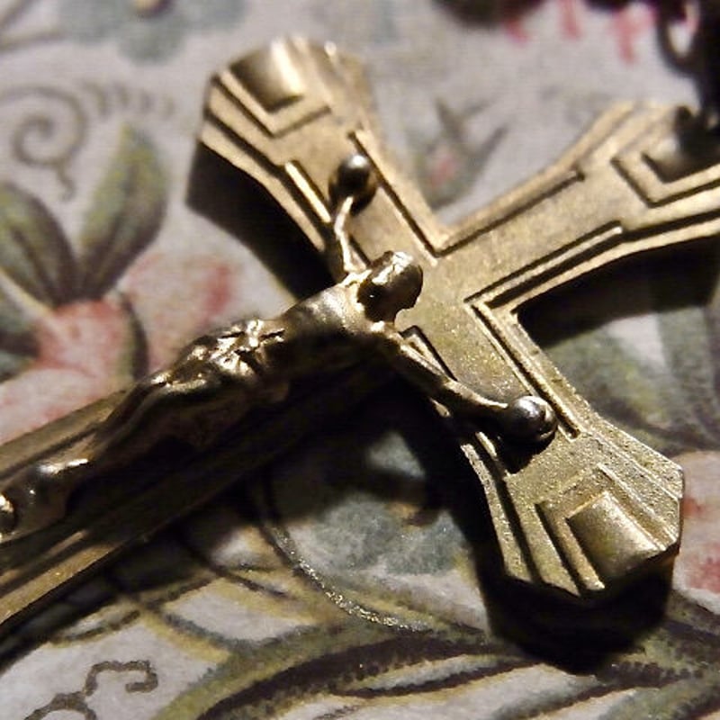 フランス アンティーク 紫 ガラス ロザリオ 聖母マリア メダイ 真鍮