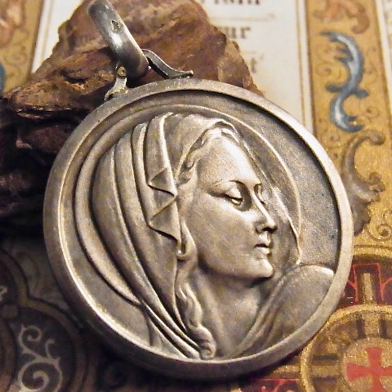 フランス アンティーク 聖母マリア 大きなメダイ シルバー800 銀