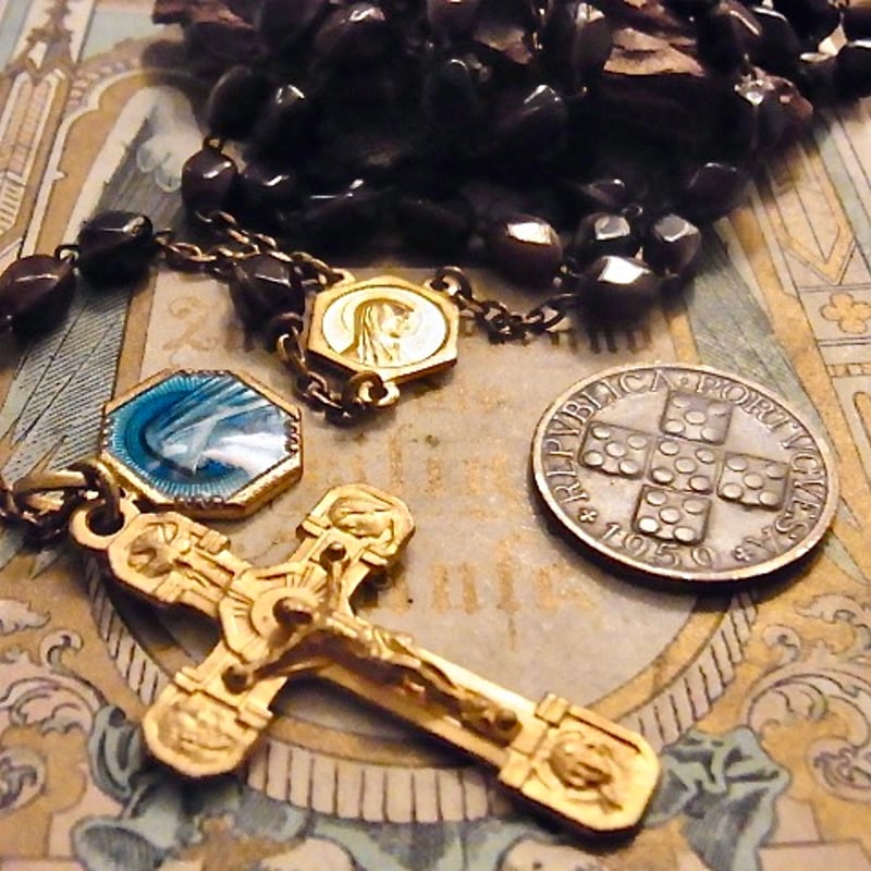 アンティーク ベルギーイタリア ブラウンマーブルガラス マリアとイエスのロザリオ フランス アンティーク 白×青 ガラス ロザリオ ルルドの泉 聖母