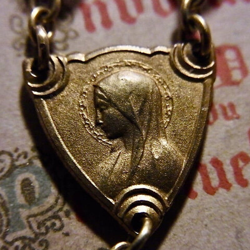 フランス アンティーク 紫 ガラス ロザリオ 聖母マリア メダイ 真鍮