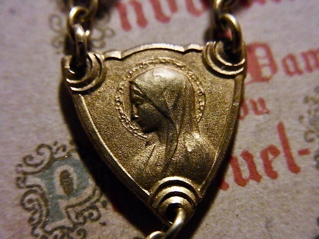 フランス アンティーク 紫 ガラス ロザリオ 聖母マリア メダイ 真鍮