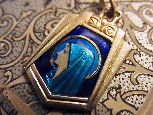 フランス ヴィンテージ エマイユ 聖母マリア 手描き メダイ 多彩色