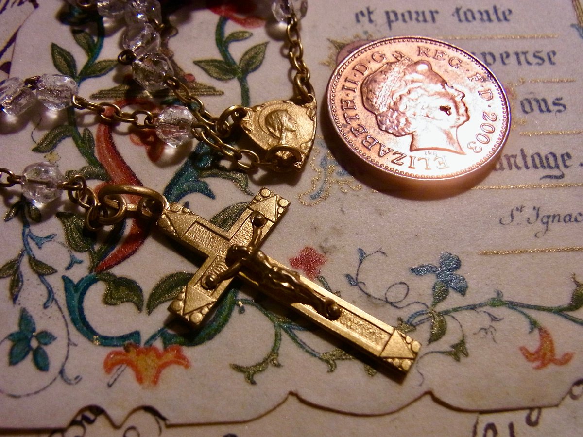 フランス アンティーク クリア ガラス ロザリオ キリスト メダイ