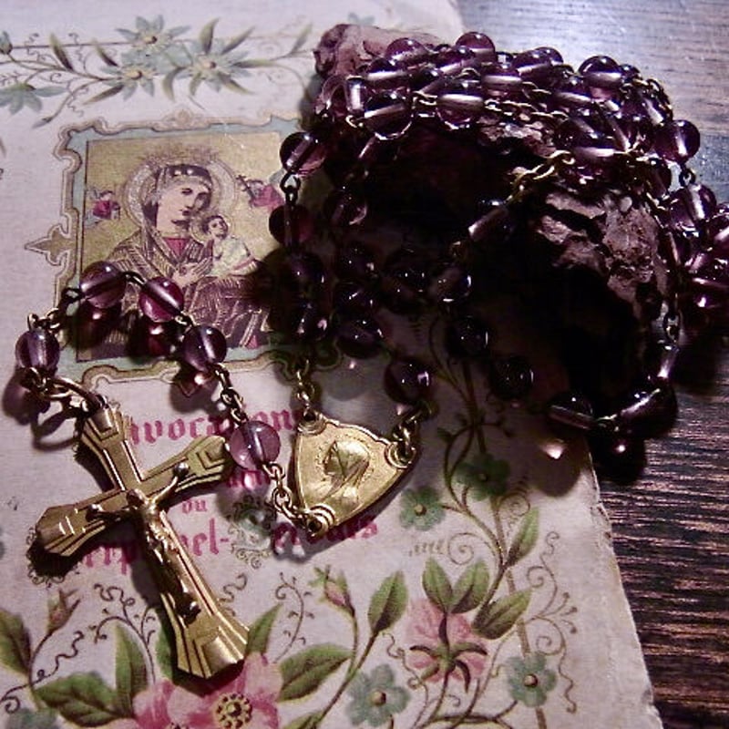 フランス アンティーク 紫 ガラス ロザリオ 聖母マリア メダイ 真鍮