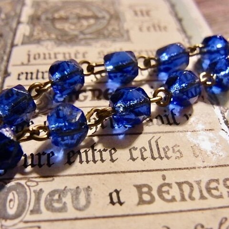 フランス アンティーク 青 ガラス ロザリオ 聖母マリア メダイ