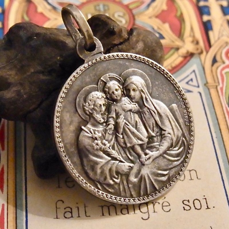 【フランス　アンティーク】シルバー　マリア　イエス　メダイ　フォトフレーム フランス アンティーク 聖家族 メダイ 聖ヨセフ 幼子キリスト 聖母