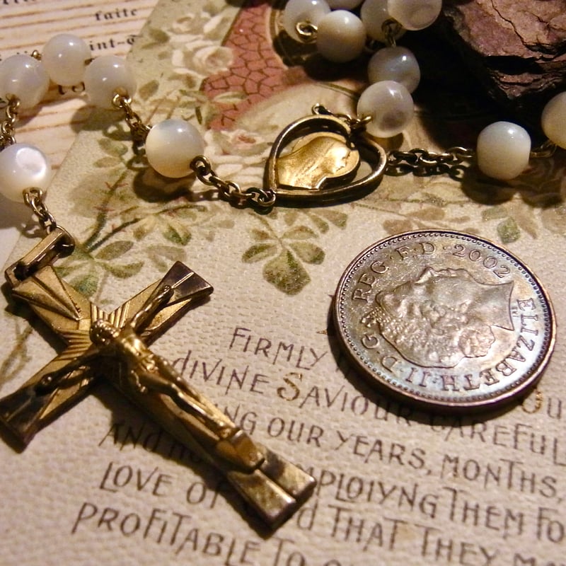 フランス アンティーク シェル ロザリオ 聖母マリア ハート メダイ