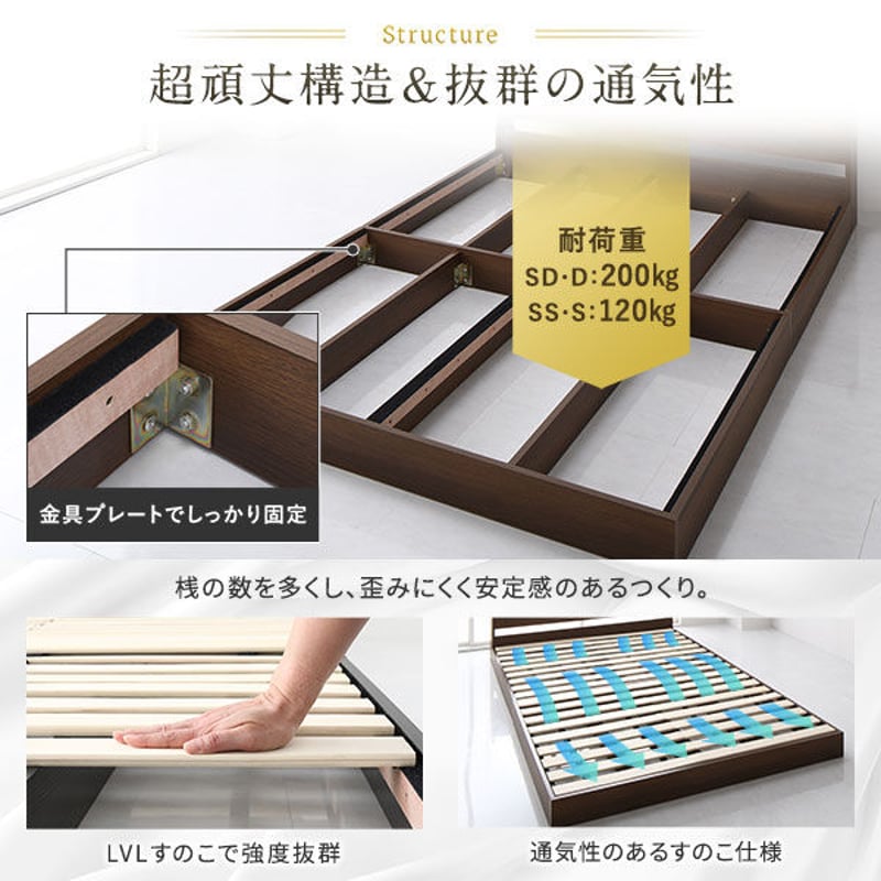 ベッド 低床 ロータイプ すのこ 木製 LED照明付き 宮付き 棚付き 