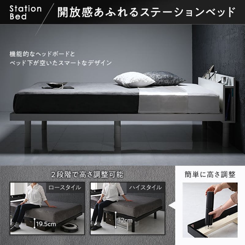 ベッド ダブル ベッドフレームのみ ブラック すのこ 棚付き ベッド ダブル ベッドフレームのみ ブラック すのこ 棚付き
