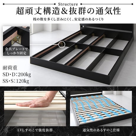 ベッド 低床 ロータイプ すのこ 木製 LED照明付き 棚付き 宮付き コンセント付き シンプル モダン ホワイト ダブル ポケットコイルマットレス付きds-2174116