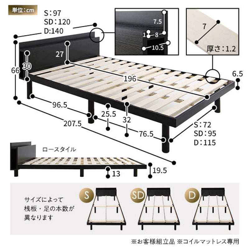 ベッド ブラック シングル フレームのみ すのこ 棚付き コンセント付き