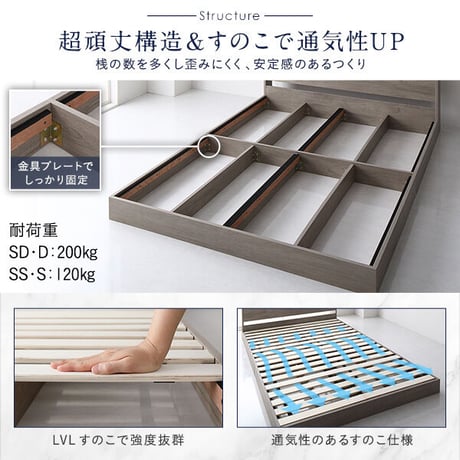 ベッド セミダブル ベッドフレームのみ グレージュ ロータイプ 低床 照明付き 棚付き コンセント付き すのこ 木製ds-2423394