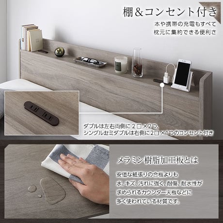 ベッド ダブル ボンネルコイルマットレス付き グレージュ 収納付き 引き出し付き 棚付き 宮付き コンセント付き 木製 オーク柄ds-2423286