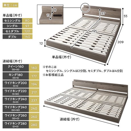 ベッド ワイドキング220 S＋SD ベッドフレームのみ グレージュ 低床 連結 ロータイプ 宮付き LED照明付き 木製 すのこds-2423377