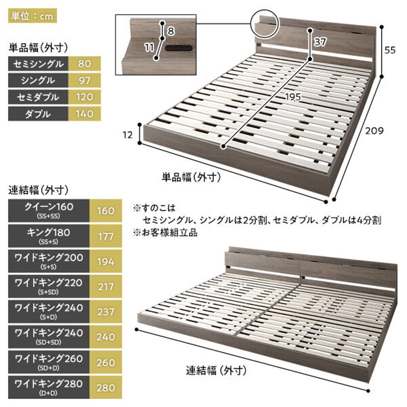 ベッド クイーン160 SS+SS ベッドフレームのみ グレージュ 低床 ベッド クイーン160 SS+SS ベッドフレームのみ グレージュ 低床