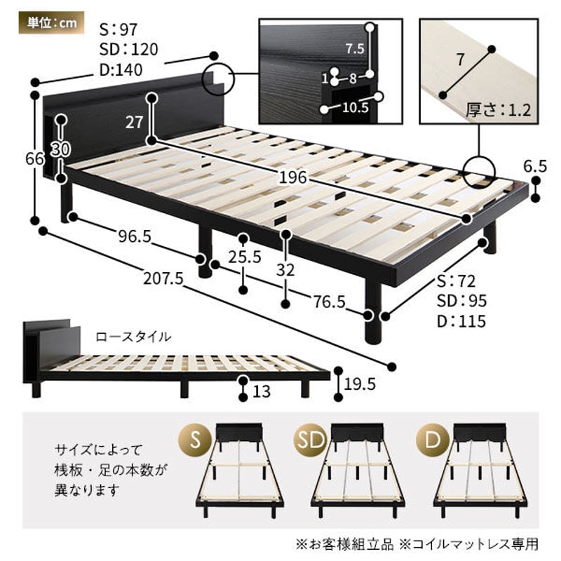 ベッド ダブル ベッドフレームのみ ブラック すのこ 棚付き ベッド ダブル ベッドフレームのみ ブラック すのこ 棚付き