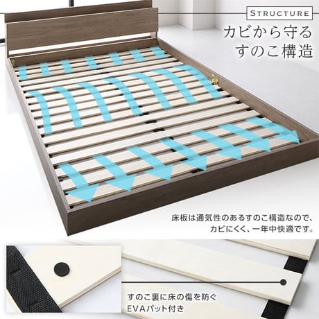 ベッド ダブル ポケットコイルマットレス付き グレージュ 低床 ロータイプ 宮付き 棚付き コンセント付き すのこ 木製ds-2423319