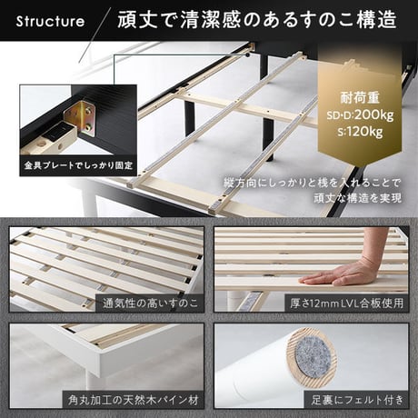 ベッド ホワイト シングル ベッドフレームのみ すのこ 棚付き コンセント付き スマホスタンド 頑丈 木製 シンプル モダン ベッド下収納ds-2378766