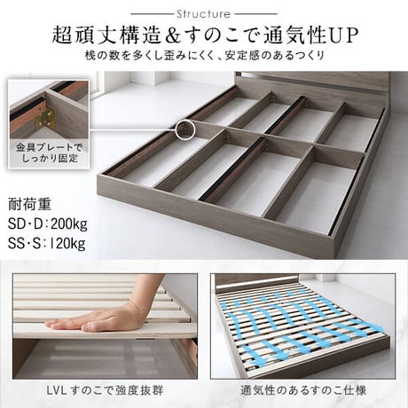ベッド ダブル ポケットコイルマットレス付き グレージュ 低床 ロータイプ すのこ 木製 照明付き 棚付き コンセント付きds-2423337