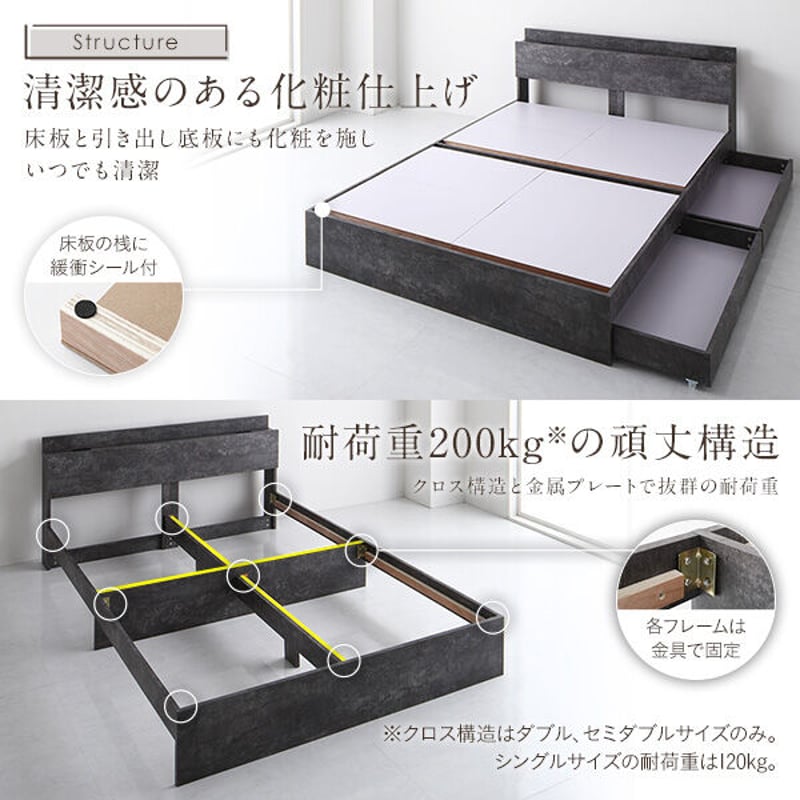 ベッド ダブル ポケットコイルマットレス付き ストーングレー 収納付き