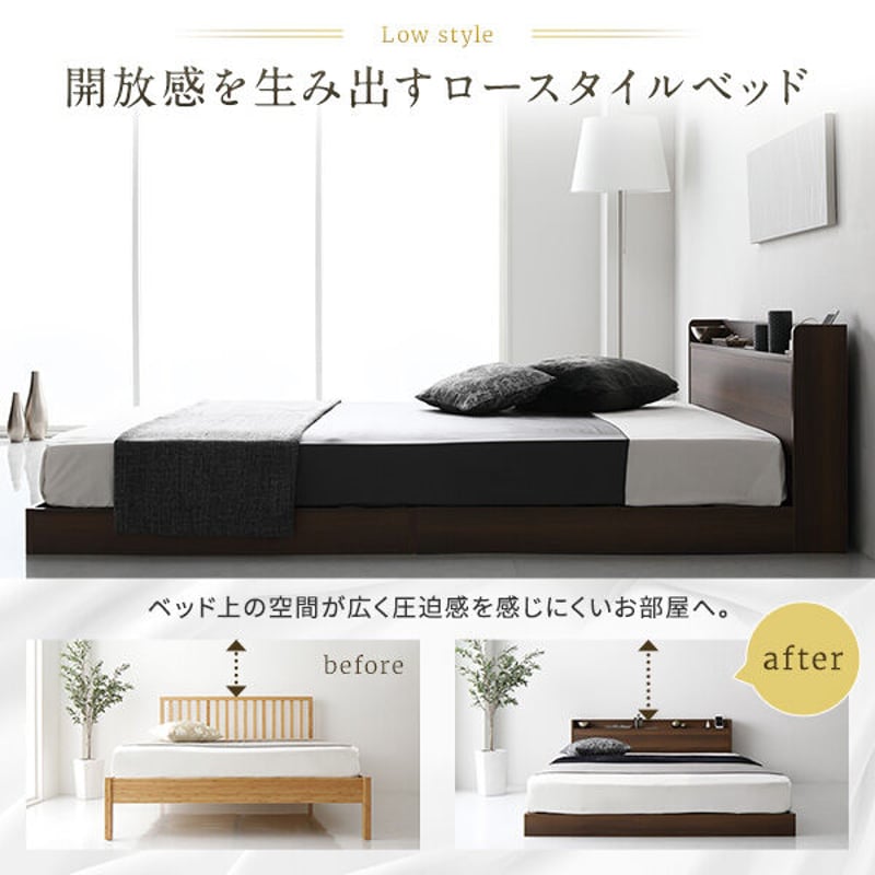 ベッド 低床 ロータイプ すのこ 木製 LED照明付き 宮付き 棚付き 