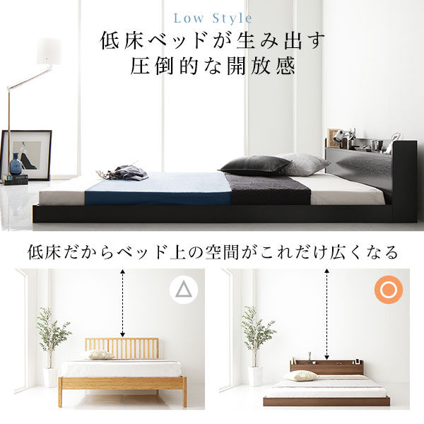 ベッド 低床 ロータイプ ブラック ダブルベッドフレームのみds-2173693 ベッド 低床 ロータイプ すのこ 木製 宮付き 棚付き コンセント付き