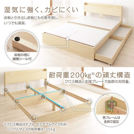 ベッド 収納付き 引き出し付き 木製 カントリー 棚付き 宮付き コンセント付き シンプル モダン ナチュラル ダブル ベッドフレームのみds-2173672
