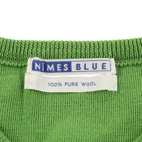 00’s NIMES BLUE ニームブルー  ウールクルーネックカーディガン フリーサイズ イエローグリーン（ジャンク商品）