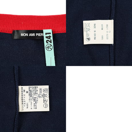 00’s MON AMI PIERLOT モナミピエルロ  ライン入りクルーネックコットンカーディガン フリーサイズ ネイビー / レッド（ジャンク商品）
