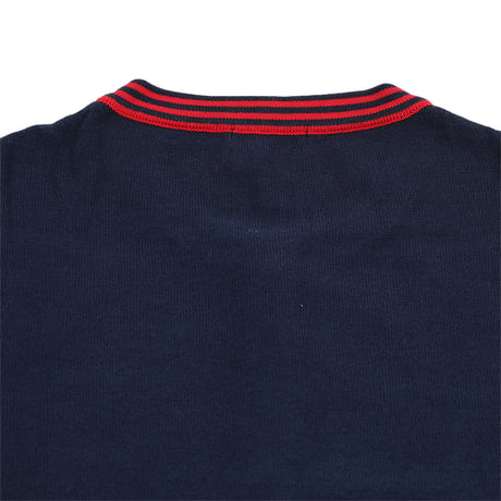 00’s MON AMI PIERLOT モナミピエルロ  ライン入りクルーネックコットンカーディガン フリーサイズ ネイビー / レッド（ジャンク商品）