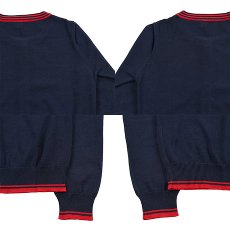 00’s MON AMI PIERLOT モナミピエルロ  ライン入りクルーネックコットンカーディガン フリーサイズ ネイビー / レッド（ジャンク商品）