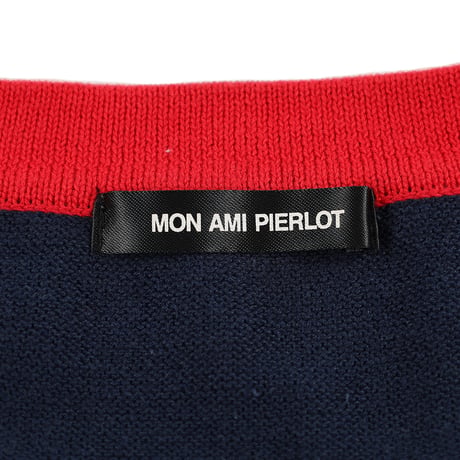 00’s MON AMI PIERLOT モナミピエルロ  ライン入りクルーネックコットンカーディガン フリーサイズ ネイビー / レッド（ジャンク商品）