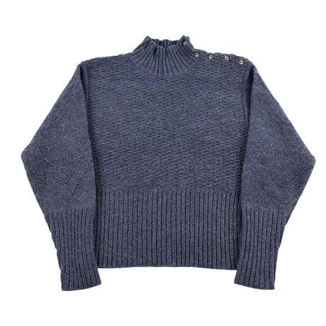 90’s ONE STEP ワンステップ レディース肩ボタンハイネックデザインニットトップス Sサイズ ネイビー（ジャンク商品）