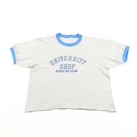 `80s UNIVERSITY SHOP クレリック半袖プリントTシャツショート丈 Mサイズ 杢グレー＆ブルー デザインサンプル ジャンク商品