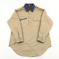 80’s UNIVERSITY SHOP ユニバーシティショップ プルオーバーワークシャツ L(袖が短い) カーキ デザインサンプル ジャンク商品