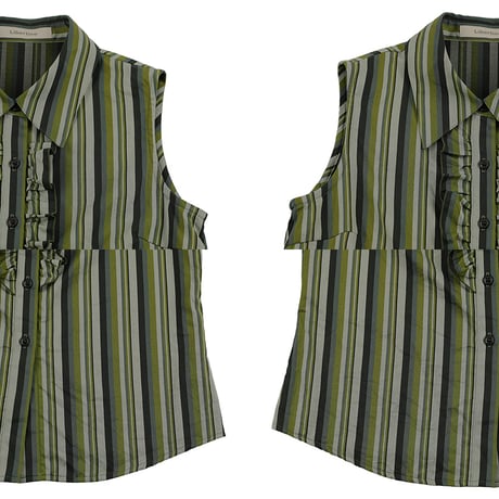 90’s Libertine リベルティンヌ フリル付きノースリーブブラウス T2(M)サイズ グリー系（ジャンク商品）