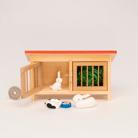 ドイツ　ザイフェン　人形　うさぎ　ウサギ小屋とウサギ一家　木製