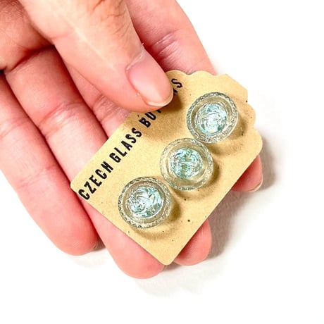 チェコスロバキア　ガラスボタン　アクアブルー　キノコ模様　3個セット　1940年代–1970年代