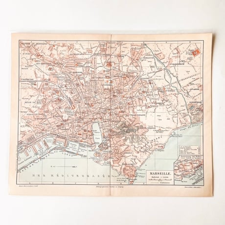 ドイツ　古地図　ヴィンテージ見開き図版　MARSEILLE