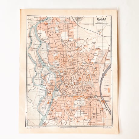 ドイツ　古地図　ヴィンテージ見開き図版　HALLE A.D. SAALE